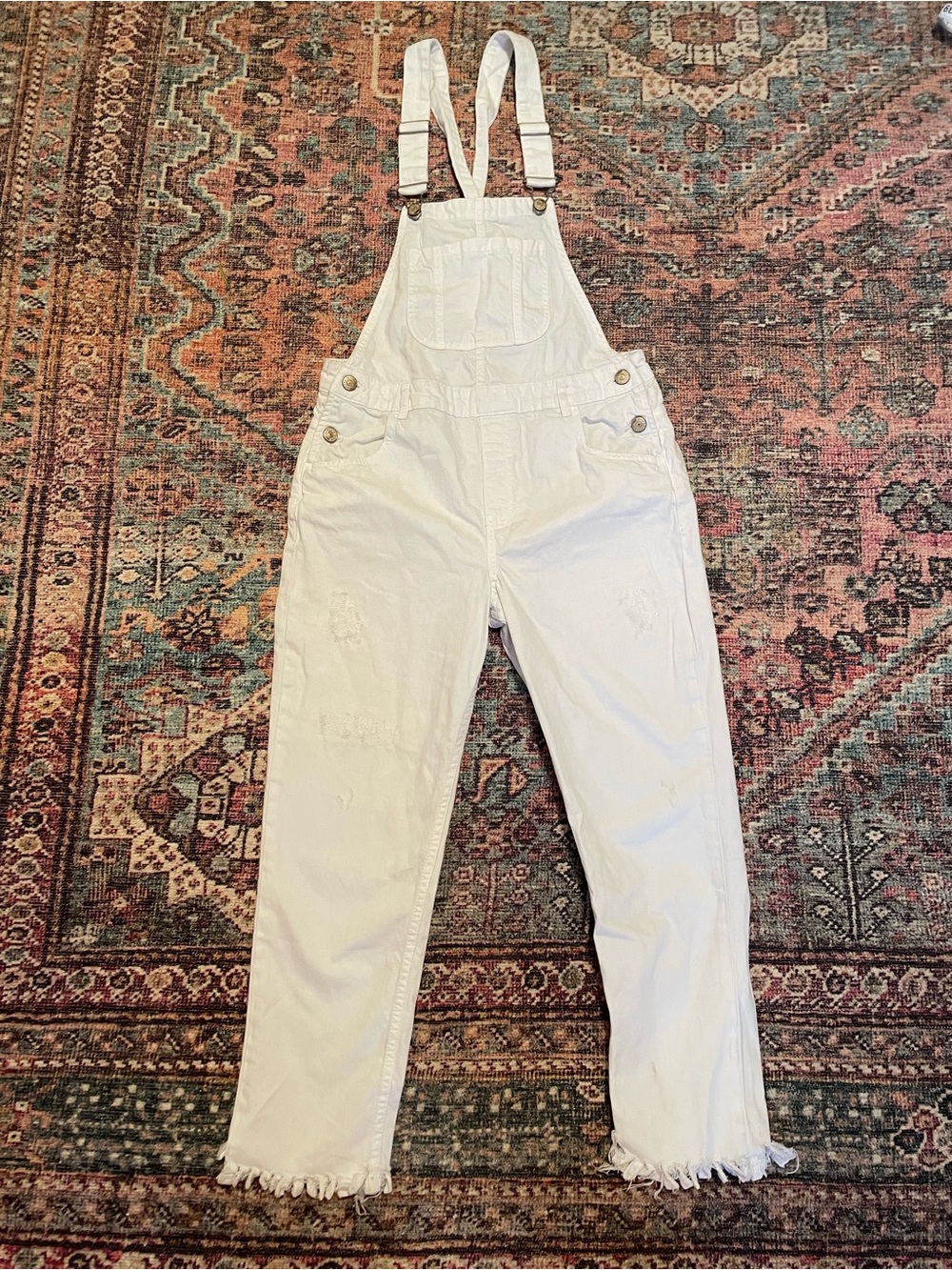 Zara White Women's Distressed Denim Overalls with Frayed Hem